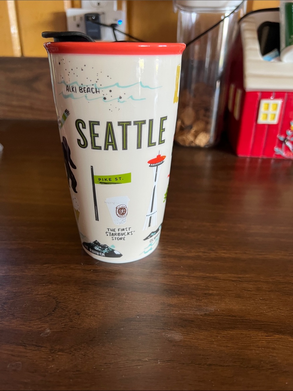 Starbucks Seattle Ceramic Mug with Red Rim and Green Lettering